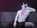  abs absurd_res anthro canid canine canis death_(puss_in_boots) fur furniture hi_res iam3d looking_at_viewer male mammal nipples on_sofa pink_nipples red_eyes simple_background sitting sitting_on_sofa sofa solo white_body white_fur wolf 