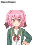 1girl colored_tips fur-trimmed_sleeves fur_trim green_jacket hair_between_eyes hand_on_own_hip highres jacket kantai_collection kunashiri_(kancolle) kurano_kisuke long_sleeves multicolored_hair neck_ribbon one-hour_drawing_challenge pink_hair red_eyes red_ribbon ribbon school_uniform serafuku simple_background smile solo twitter_username two-tone_hair two_side_up upper_body white_background 