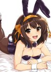  1girl :d absurdres animal_ears ass bed_sheet black_bow black_bowtie black_leotard black_pantyhose bow bowtie breasts brown_eyes brown_hair commentary_request detached_collar fake_animal_ears fake_tail hair_ribbon hairband haruhisky high_heels highres legs_up leotard looking_at_viewer lying medium_breasts medium_hair official_alternate_costume on_stomach orange_hairband orange_ribbon pantyhose playboy_bunny rabbit_ears rabbit_tail ribbon simple_background smile solo strapless strapless_leotard suzumiya_haruhi suzumiya_haruhi_no_yuuutsu tail teeth upper_teeth_only white_background white_wrist_cuffs wrist_cuffs 