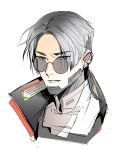  1boy absurdres apex_legends black_jacket crypto_(apex_legends) grey_eyes grey_hair highres jacket looking_at_viewer male_focus official_alternate_costume parted_lips portrait round_eyewear shirt sketch solo song_tan_shui sunglasses white_background white_shirt 