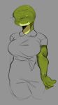  animal_humanoid anthro bald big_breasts breasts eyewear female glasses green_body green_skin hi_res humanoid morsxine multicolored_body round_glasses scalie scalie_humanoid simple_background simple_clothing solo two_tone_body 