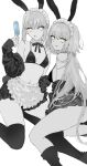  2girls animal_ears artoria_pendragon_(fate) bare_shoulders bikini breasts fake_animal_ears fate/grand_order fate_(series) food greyscale highres jacket jeanne_d&#039;arc_alter_(avenger)_(fate) jeanne_d&#039;arc_alter_(fate) large_breasts licking_lips long_hair long_sleeves looking_at_viewer maid_headdress miniskirt monochrome multiple_girls navel nipi27 off_shoulder open_clothes open_jacket popsicle rabbit_ears saber_alter skirt spot_color swimsuit thighhighs thighs tongue tongue_out yellow_eyes 