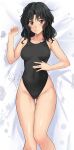  1girl absurdres amagami ass_visible_through_thighs bare_arms bare_shoulders bed_sheet black_hair black_one-piece_swimsuit blue_eyes blush breasts closed_mouth collarbone commentary competition_swimsuit covered_navel curly_hair from_above furrowed_brow hand_on_own_stomach hand_up highleg highleg_swimsuit highres looking_at_viewer lying medium_breasts medium_hair messy_hair on_back one-piece_swimsuit signature smile solo sweatdrop swimsuit tanamachi_kaoru thigh_gap thighs twitter_username wavy_hair yoo_tenchi 
