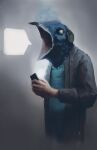  2017 animal_head ari_ibarra avian bird blue_body blue_clothing blue_feathers blue_shirt blue_topwear cellphone clothing detailed detailed_feathers empty_eyes feathers for_a_head front_view glowing_screen grey_background grey_clothing grey_eyes grey_jacket grey_topwear half-length_portrait headphones hi_res holding_cellphone holding_object holding_phone holding_smartphone jacket light_body light_skin male open_mouth phone phone_connector portrait shirt simple_background smartphone solo speech_bubble standing surreal topwear 