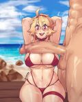  1boy 1girl absurdres armpits arms_up blush breasts cleavage hetero highres isabelle_(buskhusker) isabongos large_breasts large_penis original penis penis_awe precum precum_drip swimsuit teeth thigh_strap thighs wet wide_hips 
