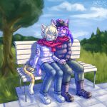  absurd_res bench hi_res park_bench romantic romantic_couple scarf sharing_clothing sharing_scarf sitting sora_(tehkey) xalyss_(xephyrions) 