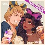  1boy 1girl aqua_eyes bangle black_hair blue_shirt bow bracelet breasts brown_hair character_name cleavage copyright_name cup dark-skinned_female dark_skin disposable_cup dress drinking_straw earrings esmeralda_(disney) eye_contact facial_hair goatee green_nails hair_bow hetero holding holding_cup hoop_earrings instagram_username jewelry lipstick looking_at_another makeup mickey_mouse_ears mizala necklace phoebus pink_bow pink_nails shirt short_hair simple_background smile the_hunchback_of_notre_dame thick_eyebrows twitter_username upper_body watermark white_dress 