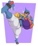  anthro big_breasts black_eyes bodily_fluids bottomwear breasts cleavage clothed clothing female generation_4_pokemon hi_res huge_breasts hyper hyper_breasts kick mia_(rubyqm) mr.pink nintendo pants pokemon pokemon_(species) shirt smile solo sweat teeth thick_thighs topwear toxicroak yellow_sclera 