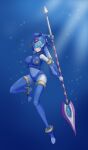  1girl absurdres android arm_up armpits blue_eyes boots breasts bubble full_body gloves helmet highres holding holding_polearm holding_weapon leg_up leviathan_(mega_man) looking_at_viewer mega_man_(series) mega_man_zero polearm robot robot_girl smile solo spear sunlight thigh_boots thighhighs underwater user_ajun2328 water weapon white_gloves 