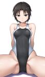 1girl arm_support ass_visible_through_thighs black_one-piece_swimsuit breasts commentary_request competition_swimsuit grey_eyes hashi looking_at_viewer multicolored_clothes multicolored_swimsuit one-piece_swimsuit original parted_lips short_hair small_breasts split spread_legs swimsuit thighs white_background white_one-piece_swimsuit 