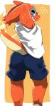  2022 anthro blue_eyes bottomwear charmeleon claws clenched_teeth clothing footwear generation_1_pokemon hands_behind_head looking_at_viewer looking_back looking_back_at_viewer male moesouna_gomi nintendo orange_body orange_scales pokemon pokemon_(species) rear_view scales school_uniform shirt shorts smug socks solo tail teeth topwear uniform white_clothing white_shirt white_topwear 