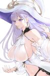  1girl azur_lane bare_shoulders black_panties breasts crescent crescent_earrings detached_sleeves dress earrings estelle8js front_slit grey_hair guichen_(azur_lane) halter_dress halterneck hat highres jewelry large_breasts light_purple_hair long_hair looking_at_viewer mole mole_under_mouth navel no_bra panties parted_lips puffy_detached_sleeves puffy_sleeves purple_eyes revealing_clothes see-through see-through_sleeves sideboob simple_background skindentation solo underwear upper_body white_background white_dress white_headwear witch_hat 