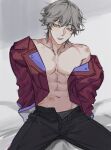  1boy artist_name bed bite_mark black_pants blush buttons caelus_(honkai:_star_rail) closed_mouth collarbone collared_jacket cosplay english_commentary grey_background grey_hair grey_male_underwear hair_between_eyes hickey highres honkai:_star_rail honkai_(series) jacket large_pectorals liann1009 long_sleeves looking_at_viewer male_focus male_underwear navel on_bed open_clothes pants pectorals puffy_long_sleeves puffy_sleeves red_jacket sampo_koski sampo_koski_(cosplay) short_hair simple_background single_bare_shoulder sitting solo spread_legs trailblazer_(honkai:_star_rail) underwear white_background yellow_eyes 