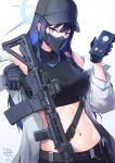  1girl bare_shoulders baseball_cap black_headwear black_shirt blue_archive blue_eyes blue_hair breasts cellphone crop_top gun hat highres hiroki_ree holding holding_phone mask medium_breasts midriff mouth_mask navel off_shoulder phone rifle saori_(blue_archive) shirt smartphone solo stomach upper_body weapon 