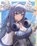 1girl blue_eyes blue_hair breasts character_request cleavage commentary_request devonrex gloves hair_intakes head_wings highres large_breasts long_hair looking_at_viewer smile solo upper_body very_long_hair white_gloves wings xenoblade_chronicles_(series) xenoblade_chronicles_3 