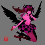  1girl black_wings full_body geta grey_background hat highres himekaidou_hatate holding holding_phone phone plaid plaid_skirt pleated_skirt purple_headwear shirt shishi_(kuroear99) skirt smile solo tengu-geta tokin_hat touhou twintails two-tone_skirt white_shirt wings 