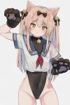  1girl :o animal_ears animal_hands arm_up bare_hips bell black_bow black_collar black_leotard blue_sailor_collar blush bow cat_ears collar commentary covered_navel cropped_legs girls&#039;_frontline gloves green_eyes grey_background groin hair_bell hair_between_eyes hair_bow hair_intakes hair_ornament head_tilt highleg highleg_leotard highres leotard long_hair looking_at_viewer neck_bell no_pants open_mouth paw_gloves paw_pose pink_hair sailor_collar school_uniform serafuku shirt short_sleeves signature simple_background sleeveless_turtleneck_leotard solo thighs tmp_(girls&#039;_frontline) tmp_(meow_prism_power)_(girls&#039;_frontline) two_side_up white_shirt youthpaint 