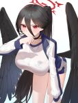  1girl absurdres black_choker black_hair black_wings blue_archive blue_jacket breasts choker commentary_request feathered_wings glow_(user_hnpv7785) gym_uniform halo hand_up hasumi_(blue_archive) hasumi_(track)_(blue_archive) highres huge_breasts jacket korean_commentary large_wings leaning_forward long_hair long_sleeves mole mole_under_eye official_alternate_costume red_eyes red_halo shirt simple_background solo sweat track_jacket very_long_hair white_background white_shirt wings 