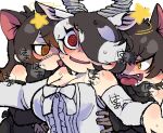  3girls @_@ animal_ears antelope_ears antelope_horns apron arms_up australian_devil_(kemono_friends) bare_shoulders behind_another black_hair blackbuck_(kemono_friends) blush bow bowtie breasts breath brown_eyes brown_hair cleavage detached_sleeves drooling extra_ears eyelashes eyepatch fangs furrowed_brow gloves grey_hair hair_over_one_eye heart heart-shaped_pupils heavy_breathing highres horns igarashi_(nogiheta) kemono_friends kemono_friends_3 long_hair looking_at_another medical_eyepatch medium_hair multicolored_hair multiple_girls nervous_smile nervous_sweating open_mouth red_eyes smile star_(symbol) strapless swat sweat swept_bangs symbol-shaped_pupils tasmanian_devil_(kemono_friends) tasmanian_devil_ears tongue tongue_out tsurime upper_body v-shaped_eyebrows wide-eyed yellow_eyes you_gonna_get_raped yuri 