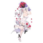  1girl anger_vein ankle_ribbon arm_ribbon arms_up bare_shoulders black_ribbon blush bouquet bow breasts cleavage closed_eyes dress dress_flower dropping facing_viewer five-seven_(girls&#039;_frontline) five-seven_(gun) five-seven_(smile_of_acceptance)_(girls&#039;_frontline) flower flower_request footwear_bow frilled_thighhighs frills frown full_body girls&#039;_frontline gloves gun hair_between_eyes hair_ornament hair_ribbon handgun high_heels holding holding_bouquet jewelry large_breasts leg_ribbon legs long_hair official_alternate_costume official_art open_mouth ponytail ribbon scorch_mark shoe_dangle simple_background solo standing standing_on_one_leg suisai_(suisao) swinging thighhighs torn_clothes torn_dress torn_gloves torn_thighhighs transparent_background weapon wedding_dress white_dress white_footwear white_gloves white_hair white_thighhighs 