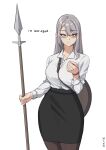  1girl absurdres black_pantyhose black_skirt breasts collared_shirt english_text formal glasses grey_hair hair_between_eyes highres holding holding_polearm holding_weapon long_hair long_sleeves mawaridi mole mole_under_eye office_lady orange_eyes original pantyhose polearm reverse_translation shield shirt simple_background skirt skirt_suit solo spear straight_hair suit twitter_username weapon white_background white_shirt 