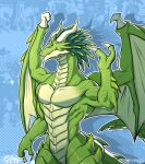 2019 absurd_res amber_eyes anthro arm_spikes belly_scales cygames dated digital_media_(artwork) dragalia_lost dragon fansl green_body green_hair green_scales hair hi_res horn male membrane_(anatomy) membranous_wings midgardsormr_(dragalia_lost) muscular muscular_arms muscular_male nintendo pecs pseudo_hair raised_arm scales scalie signature solo spikes spikes_(anatomy) standing weibo weibo_logo white_body white_horn white_scales wings 