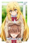  +_+ 2girls blazer blonde_hair blurry blurry_background bow bowtie breast_rest breasts breasts_on_head brown_hair brown_jacket collared_shirt commentary_request gloves hair_behind_ear hair_between_eyes hair_ornament hairpin hands_on_another&#039;s_shoulders highres jacket large_breasts long_hair looking_at_another looking_down medium_hair misaka_mikoto multiple_girls nonoa-cg partial_commentary red_bow red_bowtie school_emblem school_uniform shaded_face shirt shokuhou_misaki smile sparkling_eyes toaru_kagaku_no_railgun toaru_majutsu_no_index tokiwadai_school_uniform white_gloves white_shirt winter_uniform yellow_eyes 