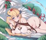  1girl absurdres arknights bare_shoulders bikini bikini_top_only blonde_hair blue_eyes blue_nails blush bottomless braid breasts closed_mouth dior-zi dragon_horns flower hand_in_own_hair highres horns jewelry large_breasts long_hair looking_at_viewer lying nail official_alternate_costume on_side pointy_ears pussy red_flower ring saileach_(arknights) saileach_(summer_flowers)_(arknights) side_braid solo strapless strapless_bikini swimsuit thigh_strap uncensored very_long_hair water white_bikini wristband 