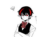  1boy 69_ronku black_hair black_vest blush bow bowtie closed_mouth collared_shirt highres library_of_ruina long_sleeves multicolored_hair nosferatu_(project_moon) pointy_ears project_moon red_bow red_bowtie red_eyes red_hair shirt simple_background solo squiggle streaked_hair upper_body vest white_background white_shirt 