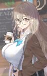  1girl akane_(blue_archive) bag black-framed_eyewear blue_archive blue_bow blue_bowtie blurry blurry_background bow bowtie breasts brown_cardigan brown_eyes brown_hair cardigan collared_shirt cup drinking_straw from_side glasses hair_between_eyes halo highres holding holding_cup large_breasts long_hair long_sleeves nail_polish parted_lips pink_nails renge_(730) shirt shoulder_bag smile solo upper_body white_shirt 