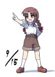 1girl :d belt braid brown_eyes brown_footwear brown_hair brown_shorts collared_shirt commentary_request dated full_body hand_on_own_hip itani_illust long_hair open_mouth pointing rika_(touhou) shirt shorts sidelocks simple_background smile socks solo standing touhou touhou_(pc-98) twin_braids white_background white_shirt white_socks 