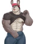  abs beard body_hair bulge bulge_rubbing chest_hair clothed clothing clothing_lift facial_hair fur grey_body grey_fur hair hairy_arms hi_res husky_(husky92) imato inner_ear_fluff lagomorph leporid male mammal muscle_shirt muscular muscular_male navel nipples pawpads pecs pink_hair rabbit raised_clothing raised_shirt raised_topwear shirt shirt_lift solo tongue tongue_out topwear tuft underwear 