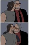  2boys bara beard blush brown_hair couple deadman_(death_stranding) death_stranding elinapires_(lewalrus) facial_hair glasses goatee grey_hair highres kiss kissing_cheek male_focus mature_male multiple_boys old_school_swimsuit pectorals plump sam_(death_stranding) school_swimsuit shirt short_hair sleeveless sleeveless_shirt smile sunglasses swimsuit thick_eyebrows thick_mustache upper_body yaoi 