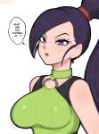  1girl afrobull artist_name breasts choker collarbone dragon_quest dragon_quest_xi english_text highres large_breasts long_hair looking_at_viewer martina_(dq11) o-ring o-ring_top ponytail purple_eyes purple_hair solo speech_bubble sweat 