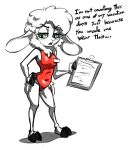  2023 anthro biped bovid breasts caprine clipboard clothing cloven_hooves dawn_bellwether disney english_text eyebrows female fingers floppy_ears fluffy fluffy_hair hair half-closed_eyes holding_clipboard holding_object hooved_fingers hooves mammal narrowed_eyes one-piece_swimsuit open_mouth red_clothing red_swimwear restricted_palette sheep simple_background solo soulcentinel speech_bubble standing swimwear text tight_clothing unguligrade white_background zootopia 