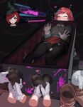  1girl absurdres animal black_headwear black_jacket black_pantyhose blush box brown_eyes brown_footwear brown_vest chain checkered_floor danganronpa_(series) danganronpa_v3:_killing_harmony feet foot_focus foot_massage gloves half-closed_eye hat heart highres jacket k-rha&#039;s long_sleeves looking_at_viewer lying miniskirt multiple_views no_shoes on_back one_eye_closed pantyhose pleated_skirt rabbit red_hair red_skirt shoes shoes_removed short_hair skirt solo_focus teeth torn_clothes torn_pantyhose vest white_gloves witch_hat yumeno_himiko 