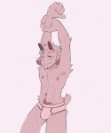  anthro arms_stretching barefoot briefs briefs_only bulge clothed clothing discostang2 eye_half_closed feet horn male navel nipples one_eye_closed pink_background simple_background smile solo topless underwear underwear_only 