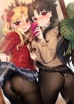  absurdres ass black_hair black_ribbon blonde_hair blush breasts cellphone clothes_lift coat ereshkigal_(fate) fate/grand_order fate_(series) highres ishtar_(fate) lifted_by_self long_hair long_sleeves looking_at_viewer medium_breasts mirror non-web_source open_mouth panties panties_under_pantyhose pantyhose phone plaid plaid_skirt plant pocket red_eyes red_ribbon ribbon sakura_yuki_(clochette) scarf selfie siblings sisters skirt skirt_lift smartphone smile sweat tearing_up thighband_pantyhose tiara twintails underwear 