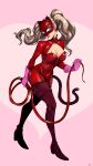  1girl blonde_hair blue_eyes bodysuit boots breasts cat_mask cat_tail cleavage closed_mouth covered_navel ear_piercing floating_hair full_body gloves heart heart_background highres holding holding_whip large_breasts long_hair mask persona persona_5 piercing pink_background pink_gloves red_bodysuit red_lips skin_tight solo tail takamaki_anne thigh_boots twintails x84 zipper 