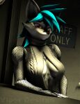  2023 3d_(artwork) alys_(viper-desires) anthro armwear artist_name bar bartender belly_tattoo breasts canid canine cleavage_cutout clothing detailed_background digital_media_(artwork) female fingers fishnet fishnet_armwear fox fur grey_body grey_fur hair inside looking_at_viewer mammal multicolored_body multicolored_fur red_eyes short_hair smile solo source_filmmaker sweater tattoo teal_hair topwear two_tone_body two_tone_fur viper-desires watermark 