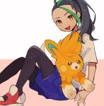  1girl :d black_hair blush brown_eyes commentary_request eyelashes green_hair happy highres long_hair multicolored_hair nemona_(pokemon) on_lap open_mouth pantyhose pawmot pokemon pokemon_(creature) pokemon_(game) pokemon_on_lap pokemon_sv ponytail purple_shorts shirt shoes short_sleeves shorts sitting smile two-tone_background two-tone_hair ukocome 