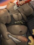  2023 absurd_res anthro bear belly ben_(zenless_zone_zero) big_belly black_nose blindfold blush clothing duo genitals hi_res kemono male mammal mihoyo moobs morningbread16 navel nipples overweight overweight_male penis solo_focus underwear weapon zenless_zone_zero 