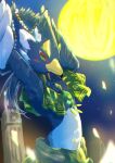  anthro avian beak blue_body blue_feathers breath_of_the_wild chikichikitaron feathers gerudo_outfit green_eyes hi_res jewelry male midriff moon necklace night nintendo raised_arms revali rito slim small_waist solo the_legend_of_zelda yellow_beak 