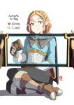  1boy 1girl automatic_giraffe blonde_hair blush boots braid cape fingerless_gloves gloves green_eyes handheld_game_console highres holding holding_handheld_game_console like_and_retweet link long_sleeves looking_at_viewer medium_hair nintendo_switch pointy_ears princess_zelda sheikah_slate simple_background smile the_legend_of_zelda the_legend_of_zelda:_breath_of_the_wild the_legend_of_zelda:_tears_of_the_kingdom white_background 