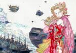  1girl aircraft airship amano_yoshitaka blonde_hair bow cape commentary detached_sleeves english_commentary final_fantasy final_fantasy_vi floral_print hair_bow highres looking_at_viewer official_art pale_skin pantyhose pink_cape red_lips solo sword terra_branford weapon 