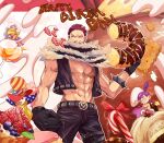  1girl 3boys abs arm_at_side bare_pectorals belt black_gloves black_jacket black_pants blueberry bracelet candy candy_cane charlotte_cracker charlotte_katakuri charlotte_perospero charlotte_smoothie clenched_hand cracker doughnut food fruit fur_scarf gloves happy_birthday hat jacket jewelry locking lollipop long_tongue macaron male_focus mirin_(coene65) multiple_boys muscular muscular_male one_piece open_clothes open_jacket oversized_food oversized_object pants pectorals purple_hair raspberry red_hair scar scar_on_face sharp_teeth short_hair spiked_bracelet spikes teeth thigh_belt thigh_strap tongue top_hat topknot topless_male translation_request tusks zipper 