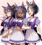  3girls absurdres ahoge animal_ears arm_at_side arm_grab arm_up bandaid bandaid_on_face bandaid_on_nose black_hair bow bowtie brown_eyes closed_eyes closed_mouth cowboy_shot dark-skinned_female dark_skin double-parted_bangs facing_another fang fingernails fuji_kiseki_(umamusume) hair_between_eyes hair_ornament hairclip high_ponytail highres hishi_amazon_(umamusume) horse_ears horse_girl horse_tail jewelry locked_arms miniskirt multicolored_hair multiple_girls musical_note narita_brian_(umamusume) nd_(nuuchadon10) open_mouth pleated_skirt raised_eyebrow school_uniform shirt short_sleeves side-by-side skin_fang skirt smile squiggle tail thighhighs tracen_school_uniform two-tone_hair umamusume white_hair yellow_eyes zettai_ryouiki 