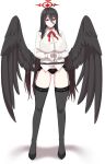  1girl absurdres alternate_costume black_choker black_footwear black_hair black_panties black_wings blue_archive bow bowtie breasts choker commentary_request feathered_wings finger_touching full_body garter_straps hair_between_eyes halo hasumi_(blue_archive) high_heels highres large_breasts large_wings long_bangs long_hair long_sleeves looking_at_viewer majinmallow mole mole_under_eye no_pants own_hands_together panties parted_lips red_bow red_bowtie red_eyes shirt sidelocks simple_background solo standing underwear white_background white_shirt wings 