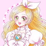  1girl blonde_hair choker cure_rhythm earrings green_eyes heart heart_earrings jewelry long_hair magical_girl minamino_kanade ponytail precure puffy_short_sleeves puffy_sleeves shopan_(melody1015jump) short_sleeves solo suite_precure white_choker wide_ponytail 