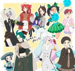  6+girls :d :o ;d ahoge alternate_costume armband black_coat black_hair black_shorts blonde_hair blue_skirt border bug_miku_(project_voltage) cape coat collared_shirt commentary_request cosplay dragon_miku_(project_voltage) earrings electric_miku_(project_voltage) eri_(pokemon) facepaint fairy_miku_(project_voltage) fighting_miku_(project_voltage) fire_miku_(project_voltage) flower glasses gloves grass_miku_(project_voltage) green_hair green_headwear green_skirt grey_eyes grey_shirt ground_miku_(project_voltage) hair_flower hair_ornament hand_up hat hatsune_miku hatsune_miku_(cosplay) highres holding holding_pom_poms iono_(pokemon) jacket jewelry juliana_(pokemon) katy_(pokemon) long_hair long_sleeves mela_(pokemon) multiple_girls nemona_(pokemon) ohn_pkmn one_eye_closed open_mouth outline outside_border pants penny_(pokemon) pink_sweater pokemon pokemon_(game) pokemon_sv pom_pom_(cheerleading) ponytail poppy_(pokemon) project_voltage red_hair rika_(pokemon) round_eyewear scrunchie shirt shorts skirt smile steel_miku_(project_voltage) sweater twintails vocaloid white_border white_gloves white_shirt wrist_scrunchie yellow_background 